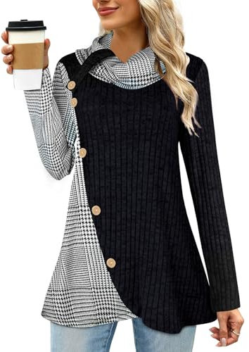 Cestyle Damen Wasserfallkragen Tunika Pullover Langarm Weihnachten Sweatshirts Urlaub Plaid Tops Winter, Schwarz, X-Large