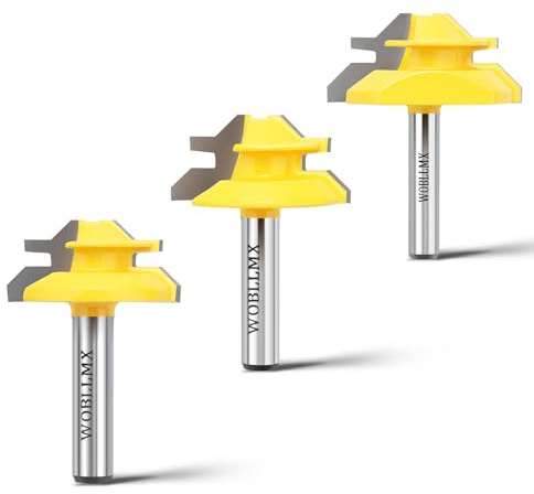 WOBLLMX Juego de fresas de encolado, 3 unidades, 45 grados, vástago de 8 mm, altura de corte de 12,7 mm/15,8 mm/19 mm, 45° Lock Miter Router Bit carpintería, herramienta de corte para máquina de