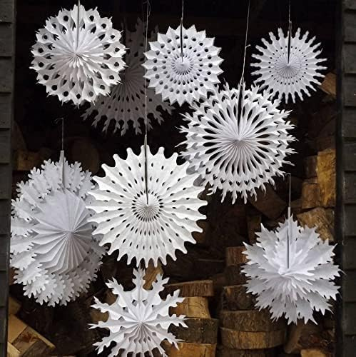 NEW-YIJUNSHUN 16 Pcs White Paper Christmas Snowflake Decorations Paper Snowflakes Hanging Decoration Winter Christmas Wedding Decorations Winter Wedding Decor Mixed 7.8-20