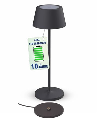 Maul Akku Tischleuchte MAULnina | Tischlampe kabellos mit langlebigem Akku | Tischlampe aufladbar bis zu 10h Beleuchtung | Lampe dimmbar für Schreibtisch, Nachttisch & Outdoor | Anthrazit