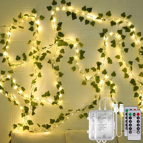 StarryEver LED Lichterkette Efeu Künstlich, 12M 120LED Efeugirlande Lichterkette Innen Batterie mit Timer, USB Lichterkette Zimmer mit Blumengirlande Hängend Pflanzen für Party Garten Balkon 2 Stück
