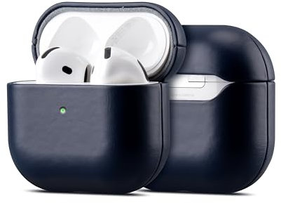 Maogoam Echt Leder Hülle für AirPods 4, Hochwertige Lederhülle Schutzhülle, Kristallgeölte Rindernarbenlede, Robuste Hartschale & Patina Oberfläche, Blau