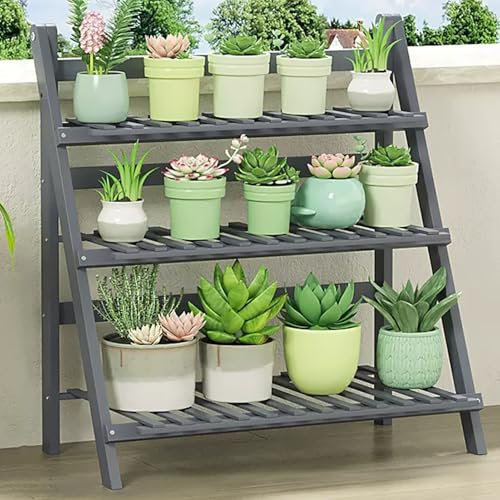 Faltbarer Pflanzenständer aus Bambus, 3 Etagen, Blumentopfhalter, Regal, Outdoor, Terrasse, B-Dekor, Grau, 100 cm