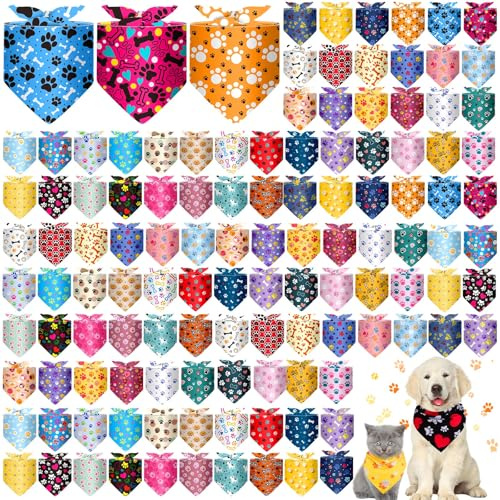 Reginary 120 Packs Dog Bandanas Bulk Dog Paw Scarf Adjustable Holiday Pet Scarf Washable Scarves Triangle Drool Bibs for Cat Pet Costume Supply