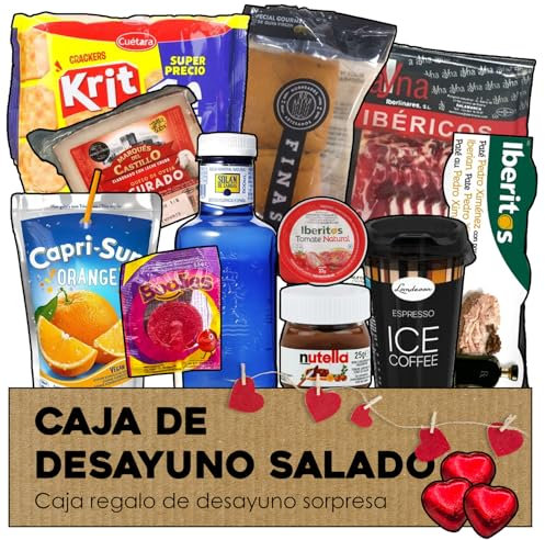 Cesta Desayuno a Domicilio Sorpresa - Kit Desayuno Salado - Con Jamón Ibérico, Queso Curado, Café, Zumo, Nutella, Dulces y Más - Caja Desayuno para Regalar
