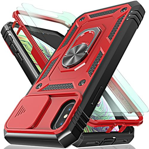 for iphone X/XS Case with Camera Cover Slider, 2*Screen Protectors,Build in 360°Rotating Ring Kickstand, Military Grade Protective Case for iphone X/XS-Black/Red
