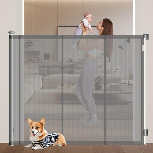 Puerta retráctil extra alta para bebés con tiras reforzadas, hasta 140 cm de ancho, evita que se trepe, puerta retráctil para perros, puerta retráctil para bebé, mascota (145 x 140 W)