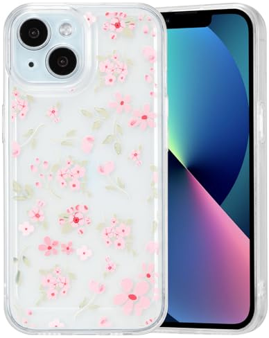 QLTYPRI for iPhone 15 Plus Case, Cute Pink Floral Flower Pattern Aesthetic Phone Case, Raised Camera Protection Soft Slim TPU Shockproof Protective Phone Cover for Girls Women - Clear