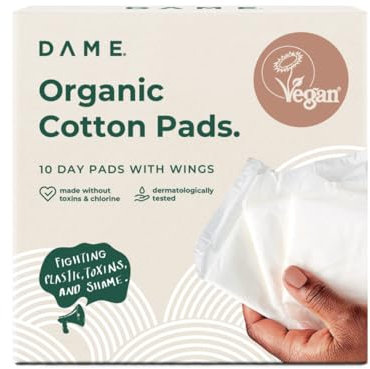 DAME Organic Cotton Sanitary Towels with Wings (10 - Regular) | Toxin-Free, Plant-Based Protection, Natural Maxi Pads | Hypoallergenic, Absorbent Menstrual Pads for Women | Sustainable Period Care