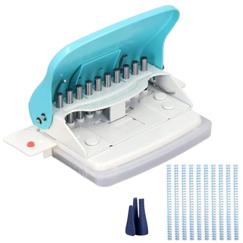 Papierbindemaschine, 10 Loch Papier Bindegerät Handheld Portable Spiralbindung Bastelstanzer für A4 B5 A5 A7 A6 Einstellbarer Locher mit 10 Stück Kunststoff Bindekämme Binderücken Spulen