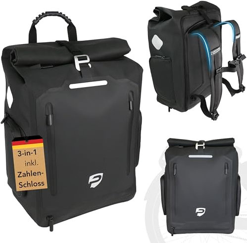 PfadWerk 3in1 Fahrradtasche Rucksack – 27L – 100 % wasserdichte Gepäckträgertasche, Tragetasche & Rucksack mit Laptopfach & Reflektoren – abschließbar – inkl. Schultergurt & Zahlenschloss
