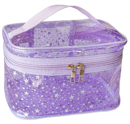 TotePrint Star Pattern PVC Cosmetic Bag Waterproof Square Bucket Shape 22 x 14 x 14 cm Travel Makeup Organiser (Pack of 1), Purple, Modern