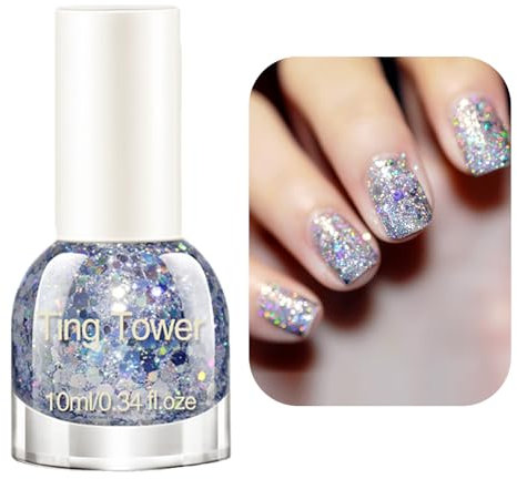 Glitter Nail Polish - Silver Quick Dry & Long Lasting Nail Varnish - Glossy Shimmer Holographic Nail Polish - No Need Cured Chip Resistant Nail Varnish for Women DIY Manicure at Home