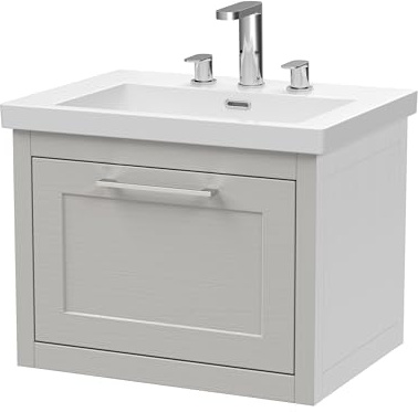 Balterley Vanity Unit with Basin Wall Hung, Single Drawer Soft Close with 3 Tap Hole Rectangular Sink and Handle, Bathroom Vanity Units, Traditional Sink Cabinet - 613 x 462 x 495mm (Grey)