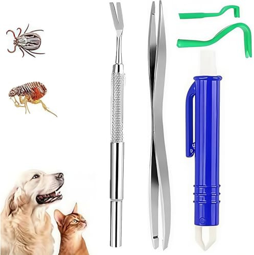 Zeckenzange für Hunde Katze Mensch - 5er Set Zeckenzangen Hund mit 2 Zeckenhaken, 2 Zeckenzangen Metall und 1 Zeckenpinzette, Einfacher und Sicherer Zeckenentferner für Kinder und Haustier