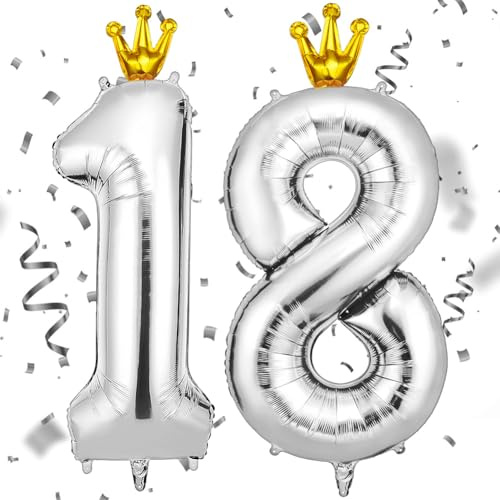 AOOSU Silber Zahl Luftballoon 18, Riesige Folienballon 18, 40 Zoll Helium Ballons Geburtstag Zahlen Luftballon Geburtstagsdeko Zahlenballon Silber Folienzahlen Ballon mit Krone, Geburtstagsparty Deko