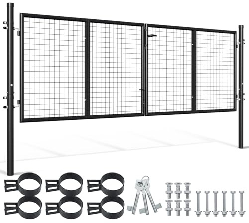Peviasot Doppelflügeltore, 300x100cm Metall Gartentor, Gartenzaun Zaun inkl. Griff, Schloss und 3 Schlüsseln, Robust Gartentür für Zauntür, Hoftor, Zauntor, Anthrazit