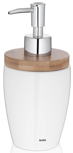 kela Seifenspender 350 ml NATURA, Seifenspender weiß Keramik, Bambusdeckel, Pumpflasche, Spülmittelspender