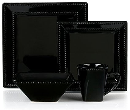 Lorren Home Trends, service de table carré en grès perlé, 16 pièces, noir