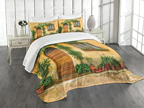 ABAKUHAUS Italien Tagesdecke Set, Leben in der Stadt in der Toskana, Set mit Kissenbezügen Mit Digitaldruck, für Doppelbetten 264 x 220 cm, Aprikose Green Brown