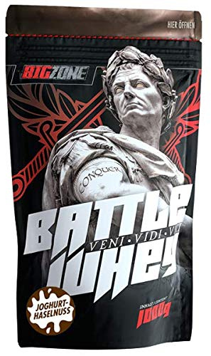 Big Zone BATTLE WHEY | Whey Protein Concentrate Eiweiss | Lecker Qualität Made in Germany | 1000g 1KG Pulver (Joghurt Haselnuss)
