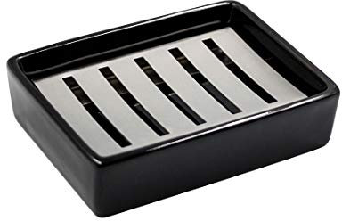 Ulable Seifenschale aus Keramik aus SUS304 Edelstahl, für Badezimmer, doppelschichtig, selbstentleerend, sagen Sie Nein zu weicher Seife, einfache Reinigung (schwarz)