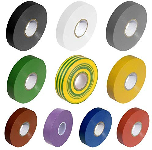 10 Colours PVC Electrical Insulation Tape Roll - 33m x 19mm (Black, Blue, Brown, Green, Green/Yellow, Grey, Red, Violet, White and Yellow)