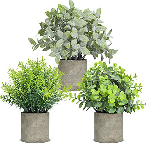 T4U Kunstpflanze Klein, Mini Künstliche Pflanzen im Topf 3er Set, Kunststoff Fälschung Grünes Gras für Innen- und Außenbereich, Deko für Badezimmer, Wohnzimmer, Zuhause, Büro