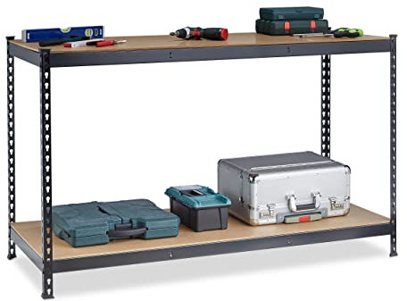 Relaxdays Banco da Lavoro Officina, Tavolo da Garage, 2 Scaffali, Altezza Regolabile, Acciaio e MDF, 92x150x60 cm, Nero