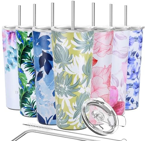 Vakuumisolierter Edelstahlbecher – THILY Reisebecher 780 ml Kaffeetasse mit 2 Deckeln und Strohhalmen, spritzwassergeschützt, BPA-frei, hält Eiskaffee kalt, grüne Chrysantheme