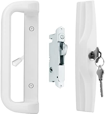 House Guard White Patio Door Handle Set with Cylinder Lock,Suitable for Replacement Sliding Patio Doors Lock 3-15/16”Screw Hole Spacing.Choices That Add a Unique to Your Patio Glass Sliding Door.