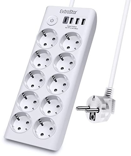 EXTRASTAR 14 en 1 Regleta Enchufes con 10 Tomas y 3 Puertos USB, 1 USB-C, 1 Interruptores, con la Protección de la Infancia, 1,5M, para Casa y Oficina, MAX 3680W, 16A, Blanco