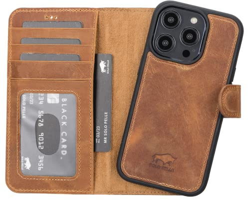 Solo Pelle Custodia in pelle compatibile con iPhone 14 Pro da 6,1 pollici, rimovibile (2 in 1), con scomparti per carte di credito per l'originale Apple iPhone 14 Pro (marrone cammello)