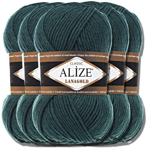 Alize 5 x 100g Lanagold Türkische Premium Wolle Baumwolle und Acryl Handstrickgarne | Yarn | Garn | Strickgarn Accessoire Baby zum Häkeln Stricken Kleidung Schals (Petrol | 426)