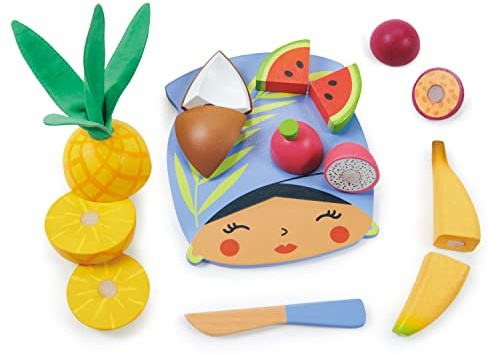 Tender Leaf Toys - Tropical Fruit Chopping Board - Wooden Play Food Set with 6 Choppable Fruits, Wood Knife and Illustrated Board - Improves Fine Motor Skills - Age 2+