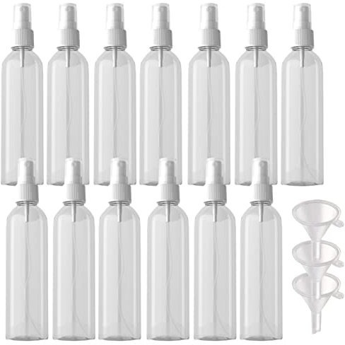 PQPAUTY 15 Piezas Pequeño 250ml Botella de Spray Plástico PET Vacías Transparentes con Bomba en Spray Blanco de Niebla Atomizador para Perfume Viaje Artículos de Agua Cosmético, 3 Pieza Embudo