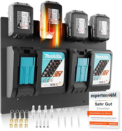 Wandfest Wandhalterung für Makita Akkus und Ladegeräte | inkl. Befestigungsmaterial [Made IN Austria] Makita Akku Halterung für 1-4 Akkus | Jetzt mehr Ordnung in Werkstatt und Garage