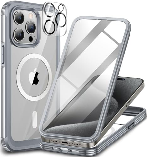 CENHUFO Compatible with iPhone 15 Pro Max Case Built-in Glass Screen Protector with Camera Lens Protector, 360 Full Body Protective Phone Case for iPhone 15 Pro Max Case Shockproof -Gray