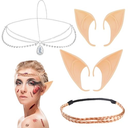 Elfenohren Set, 2 Paar Elfen Kostüm Damen, Elf Ears mit Haarband und Kopfkette, Pixie Ears, Soft Pointed Fairy Ears, Fee Pixie Elfen Ohren, Elfenohren Schmuck für Karneval Cosplay Party Vampir Ohren