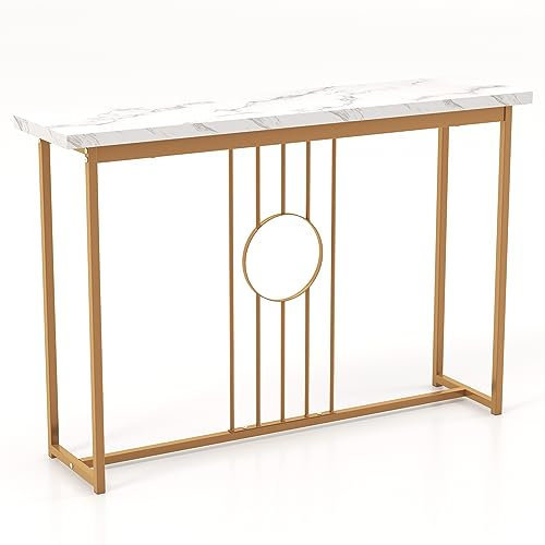 LIFEZEAL Table Console en Marbre, Meuble Entrée, Table d'Appoint Étroite avec Structure en Métal, Style Moderne, pour Entrée, Couloir, Salon, 120 x 30 x 80,5 cm, Blanc et Doré