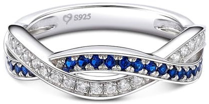 Jeulia Twist Design Damen-Bandring aus Sterlingsilber mit rundem Schliff, Valentinstagsversprechen, Jubiläumsringe für Sie, Frauen und Mädchen, mit Schmuckschatulle (Silber und Blau, 61(19.4))