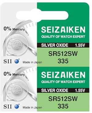 Seizaiken 335 SR512SW 1.55V 0% Hg Silver Oxide Watch Battery (2 Batteries) Made in Japan by Seiko
