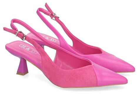 82018-Zapatos de Salon para Mujer con Tacon, Elegantes y Comodos, Diseno Moderno, Dos Materiales con Punta Fina y Cierre de Hebilla Ajustable, para Todo Tipo de Ocasiones.. Talla 37 Fucsia
