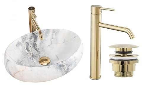 GTM Design Aufsatzwaschbecken Matt Set mit Waschtischbatterie und Stopfen - Aufsatzwaschbecken Oval für Badezimmer - Modern Waschbecken ohne Hahnloch - Waschbecken mit Armature - Modell 2