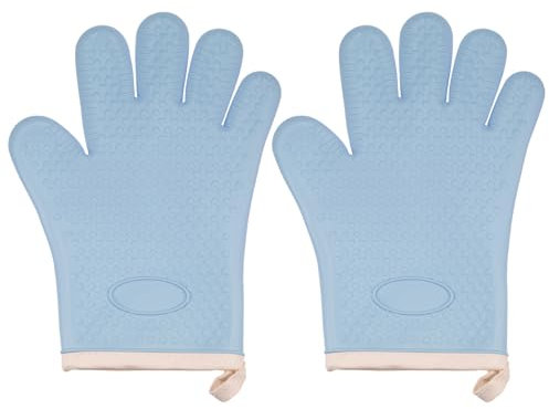 sourcing map 2pcs Silicone Oven Mitts 10.8x5.5 Heat Resistant Rubber Oven Gloves with Soft Cotton Lining for Kitchen Cooking and Baking, Light Blue