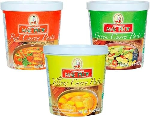 TLT FOODS - Confezione 3x Mae Ploy Curry in pasta thailandese (Rosso, Giallo, Verde) - 3x400g﻿.