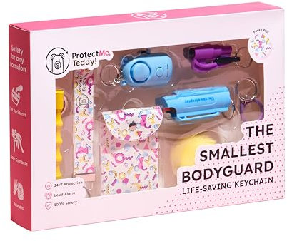 ProtectMe,Teddy! Selbstverteidigung Schlüsselanhänger mit Pfefferspray FULL SET 8pcs Kubotan, Alarm, Autonotfallhammer, VEGAN Geldbörse, PomPom, FUNKY 90s Self Defense Keychain (Funky 90s, Full Set)