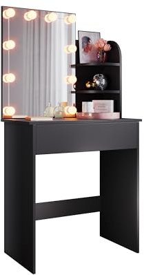 SONNI Schminktisch, Frisiertisch mit Spiegel, LED-Beleuchtung, Schubladen, 3 offene FÄcher, 3 Lichtmodis,10 Helligkeitsstufen, Kosmetiktisch, Make-up Tisch, Schlafzimmer, Schwarz, 70x40x140cm