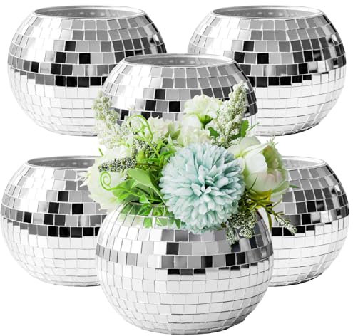 WDHODEC 6PCS Glass Disco Ball Vase 6x4 Inches Silver Mosaic Mirror Disco Ball Planter Décor Candle Holder for Table Centerpieces Wedding Birthday Party Christmas Table Decor Large
