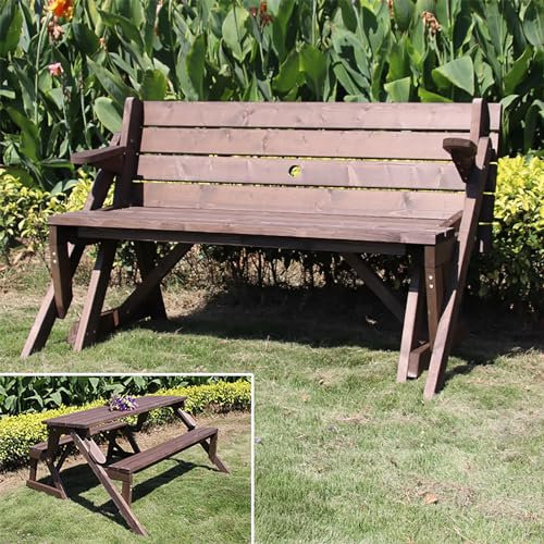 Transformierbarer Gartentisch und Stühle für den Außenbereich – Doppelnutzung Terrasse Lounge Bank mit Tisch, Parkbank aus Holz, faltbarer Loveseat Stuhl für Terrasse, Park, Rasen oder Hof